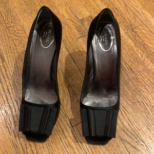 Prada Satin peep toe pumps. Gorgeous tuxedo bow. 3.5” heel. Size 10.5